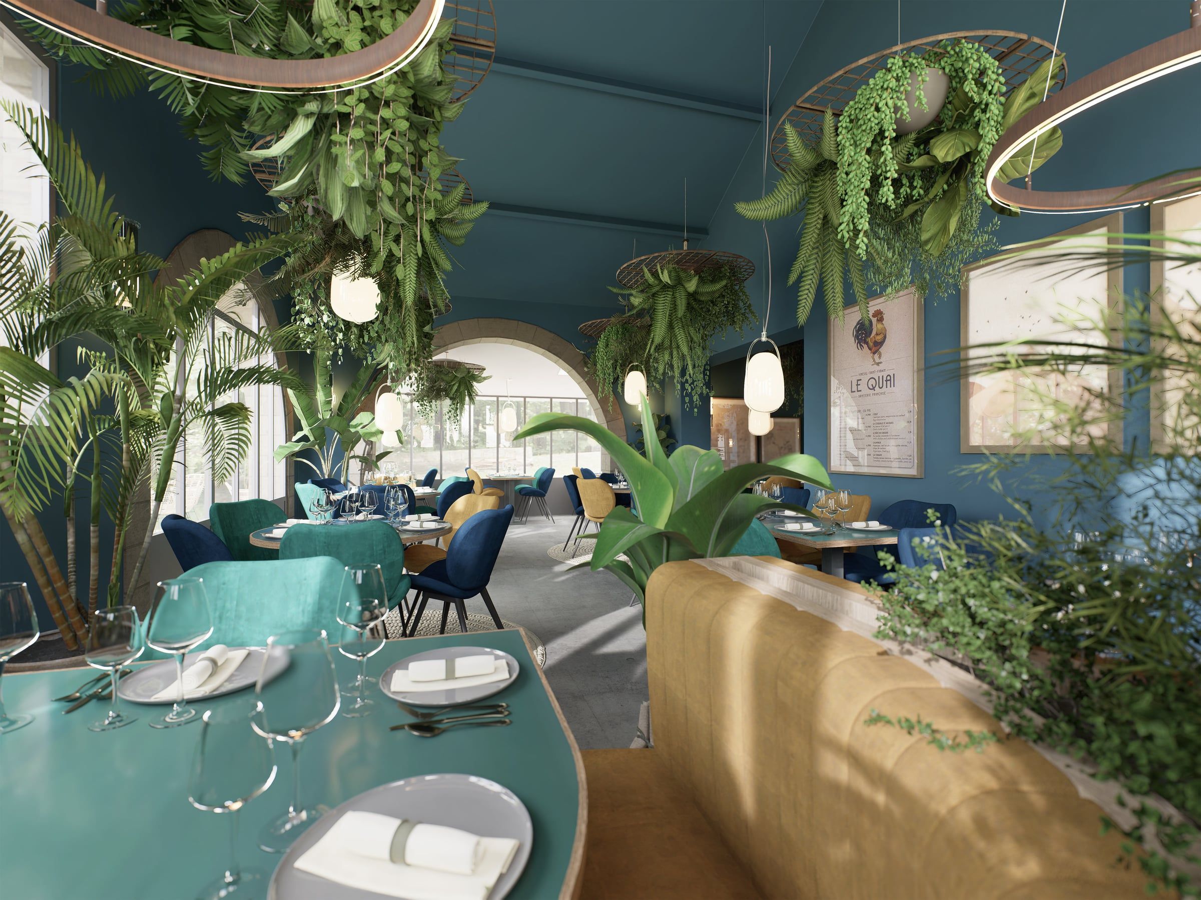 Salle sous comble en pente aux murs bleu canard, banquette velours ocre, plantes suspendues et tables dressées, en architecture intérieure d'hôtel.