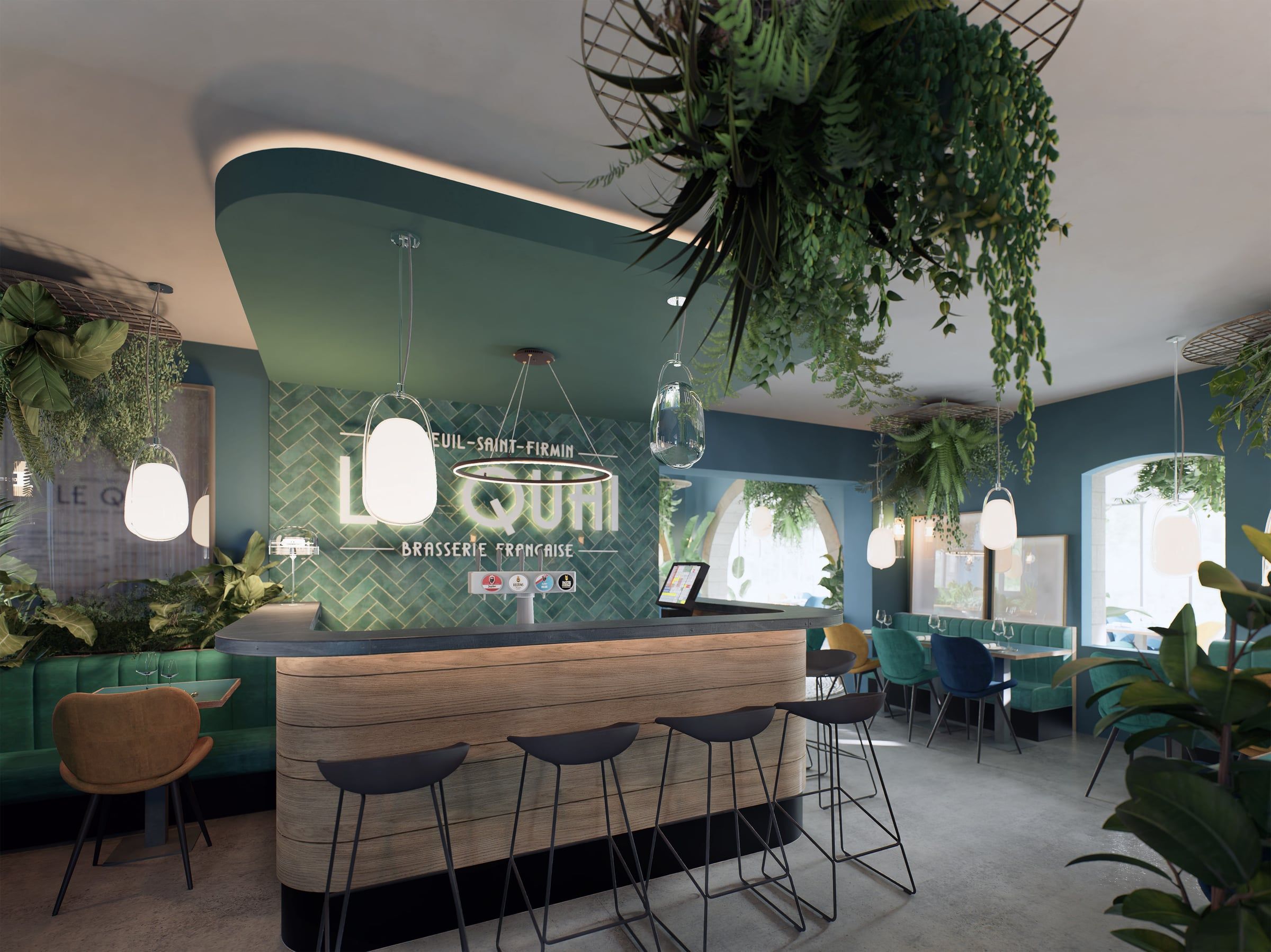 Brasserie Le Quai au bar en bois cintré, faïence vert métro, banquettes velours et plantes suspendues, agencée par un architecte d'intérieur.