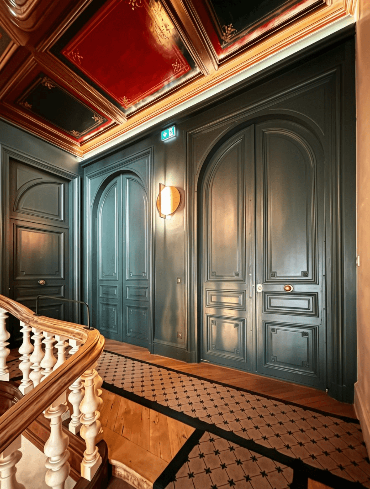 Palier supérieur avec portes cintrées peintes, plafond à caissons rouges et verts, parquet et tapis d’escalier à motif étoilé.