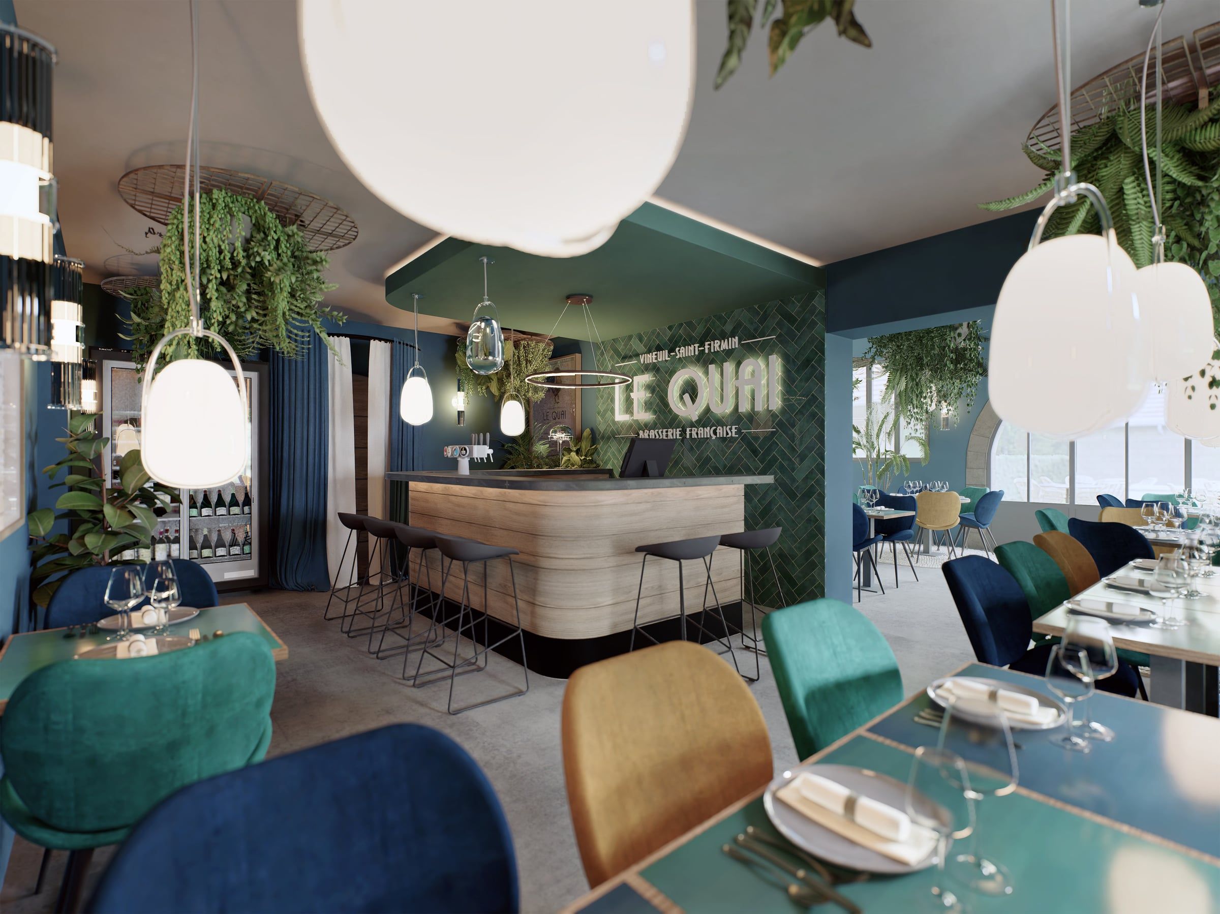 Salle de brasserie aux tons bleu et vert, bar en bois cintré, suspensions opalines et tables dressées sous des suspensions végétales luxuriantes.